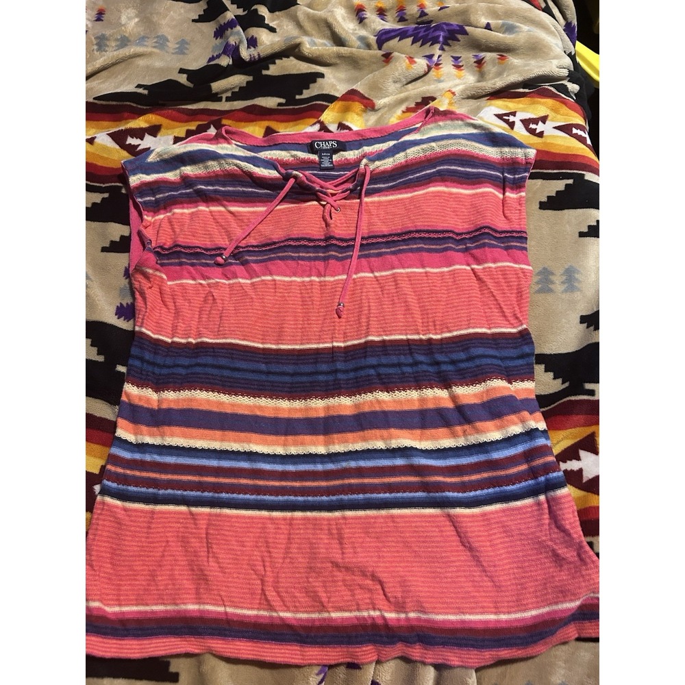 Chaps Womens S Linen Cotton Striped Lace Up Top Boho Southwestern Y2K